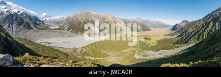 Blick auf Gletscher See Mueller Lake, Mount Cook, Mount Cook Nationalpark, Südliche Alpen, Hooker Valley, Canterbury Stockfoto