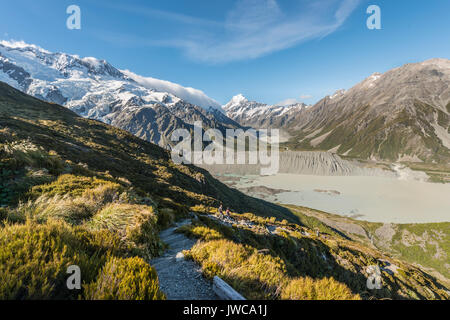 Blick auf Gletscher See Mueller Lake, Mount Cook, Sealy Gebirgsseen Trail, Mount Cook Nationalpark, Südliche Alpen, Hooker Valley Stockfoto