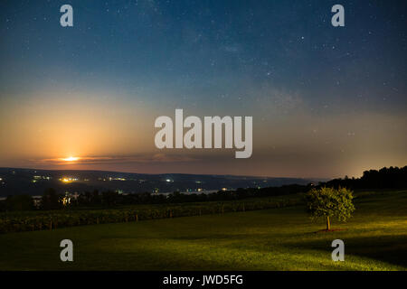 Mond über vinyard und See unter den Sternen und der Milchstraße Stockfoto