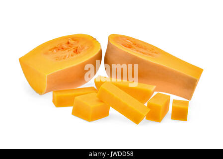 Butternut-kürbis mit Würfeln auf weißem Hintergrund Stockfoto