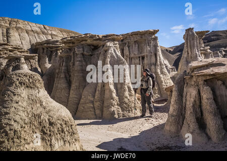 Karen Rentz unter den Hoodoos im dramatischen erosional Landschaft von Bisti De-Na-Zin Wilderness / in der Nähe von Farmington, New Mexico, USA Stockfoto