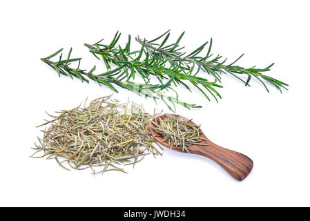 Frische und getrocknete Rosmarin in hölzernen Löffel auf weißem Hintergrund. Stockfoto