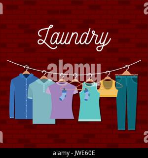 Ziegelwand Hintergrund von Kleidung in Kleiderbügel Stock Vektor