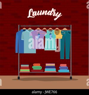 Ziegelwand Hintergrund von Kleidung in Kleiderbügel mit Handtuch Stock Vektor