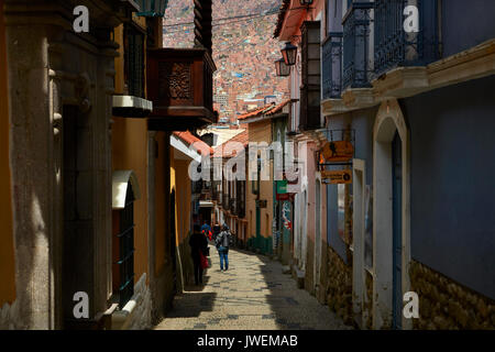 Engen steilen gepflasterten Straße Calle Jaen, La Paz, Bolivien, Südamerika Stockfoto