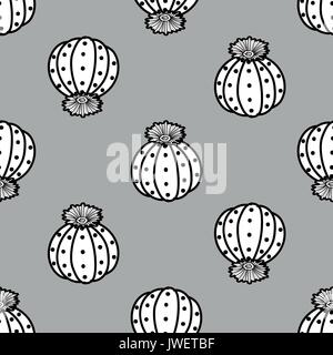 Schwarzer Umriss & weiße Ebene Sukkulenten auf grauem Hintergrund. Hand gezeichneten Stil. nahtlose Muster Vector Illustration. Stock Vektor
