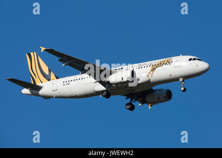 Low Cost Airline Tiger Airways Airbus A320-232 VH-VNF auf Annäherung an der Melbourne International Airport zu landen. Stockfoto