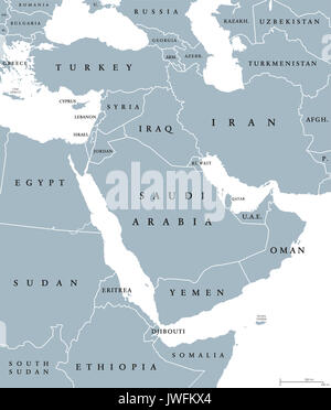 Naher Osten die politische Karte mit Grenzen und englischer Beschriftung. Transkontinentale Region zentriert im westlichen Asien und Ägypten in Nordafrika. In der Nähe von Osten. Stockfoto