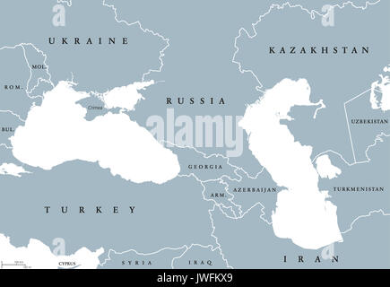 Des Schwarzen Meeres und des Kaspischen Meeres Region politische Karte mit Ländern, Grenzen und englischer Beschriftung. Die Gewässer zwischen Osteuropa und Westasien. Stockfoto