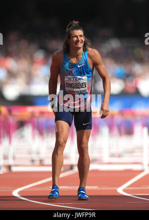 Autorisierte Neutral Athlet Ilya Shkurenev Spaziergänge in den 110m Hürden Element der Männer Zehnkampf bei Tag neun der Leichtathletik-WM 2017 auf der Londoner Stadion verletzt. Stockfoto