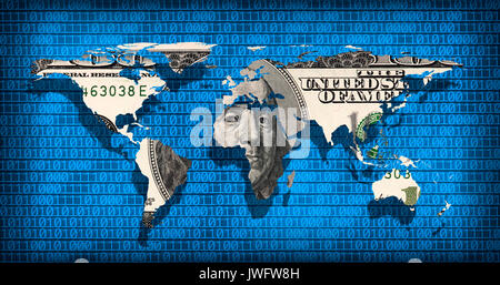 Konzeptionelle Bild von flachen Weltkarte und binären Codes. Die NASA die flache Welt Karte Bild verwendet dieses Bild zu liefern. Stockfoto