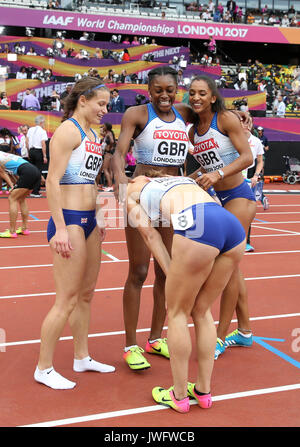 Großbritanniens Zoey Clark, Laviai Nielsen, Perri Shakes-Drayton und Emily Diamond nach konkurrieren in der Die Großbritannien 4 x 400 m der Frauen Relais bei Tag neun der Leichtathletik-WM 2017 auf der Londoner Stadion. Stockfoto