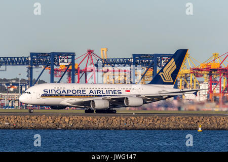 Singapore Airlines Airbus A380 am Flughafen Sydney. Stockfoto