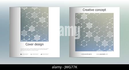 Quadratische Broschüre Vorlage mit Struktur der molekularen Teilchen und Atom. Polygonale abstrakten Hintergrund. Medizin, Naturwissenschaft und Technik-Konzept. Vektor-Illustration. Stock Vektor