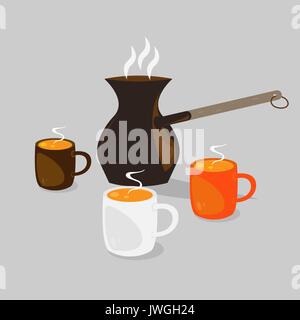Drei Tassen mit heißem Kaffee mit Sahne und Kaffeekanne Stock Vektor