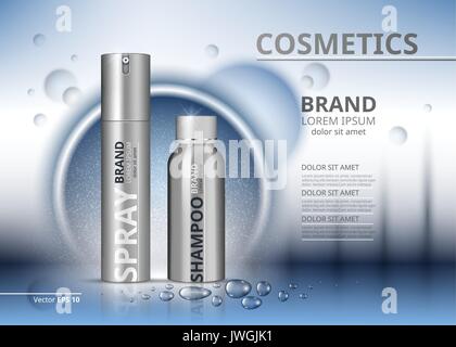 Kosmetische anzeigen Vorlage. Shampoo und Spray in Silber Flaschen. Mockup 3D realistische Abbildung. Glitzernde Wassertropfen Hintergründe Stock Vektor