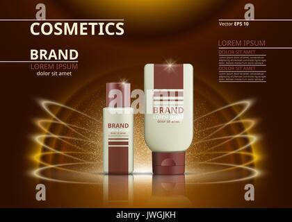 Kosmetische realistische anzeigen Vorlage. Body Lotion Produkte Flaschen. Mockup 3D-Abbildung. Sekt Hintergrund Stock Vektor