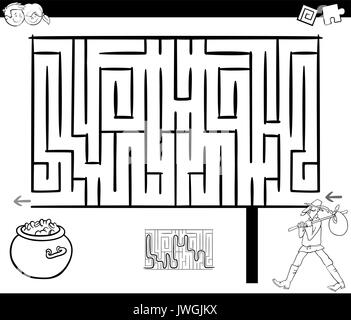 Schwarze und Weiße Cartoon Illustration für Bildung Labyrinth oder Labyrinth Spiel für Kinder mit Wandererfantasie Charakter und Schatz Färbung Seite Stock Vektor