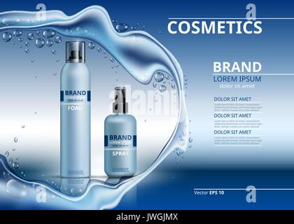 Kosmetische realistische anzeigen Vorlage. Körper Schaum und Gel Produkte Flaschen. Mockup 3D-Abbildung. Glitzernde Wassertropfen Hintergrund Stock Vektor