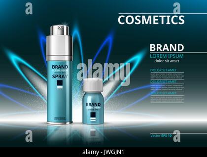 Kosmetische realistische anzeigen Vorlage. Hydrating face Serum und spray Produkte Flaschen. Mockup 3D-Abbildung. Sekt Hintergrund Stock Vektor