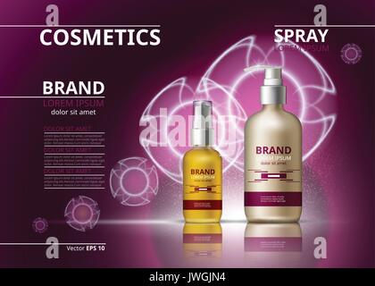 Kosmetische realistische anzeigen Vorlage. Feuchtigkeitsspendende Haut Öl- und gel Produkte Flaschen. Mockup 3D-Abbildung. Sekt Hintergründe Stock Vektor