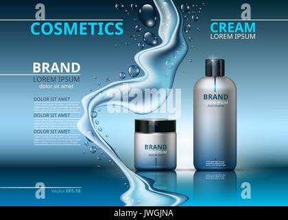 Kosmetische realistische anzeigen Vorlage. Gesicht und Körper Creme feuchtigkeitsspendende Produkte in blau Flaschen. Mockup 3D-Abbildung. Glitzernde Wassertropfen backgro Stock Vektor