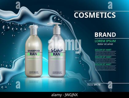 Shampoo und Seife realistische Flaschen. Mockup 3D-Abbildung. Kosmetische anzeigen Vorlage. Wasser Wirkung funkelnden Hintergründe Stock Vektor