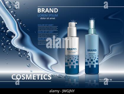 Kosmetische anzeigen Vorlage. Skin Care Gel oder Mousse Flaschen. Mockup 3D realistische Abbildung. Glitzernde Wassertropfen Hintergründe Stock Vektor