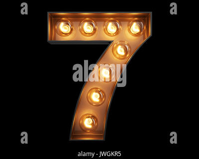 Glühlampe leuchtende Ziffer alphabet Charakter 7 Font. Ansicht von vorne beleuchtet Anzahl 7 Symbol auf schwarzem Hintergrund. 3D Rendering illustration Stockfoto