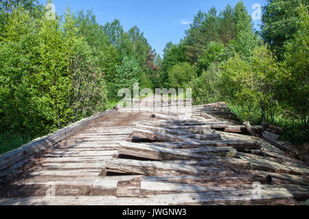 Alten zerstörten Holzbrücke auf einem Feldweg in den Wald Stockfoto