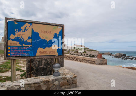 Spanien: Die Karte auf der Isla de las Palomas (Pidgeon Insel), der südlichste Punkt der Iberischen Halbinsel und dem europäischen Festland Stockfoto