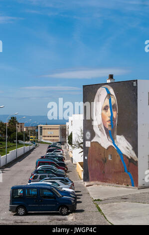 Murales auf die Paläste der neuen Stadt Tarifa, alten Stadt als griechische und römische Kolonie auf der südlichsten Küste von Spanien gegründet. Stockfoto