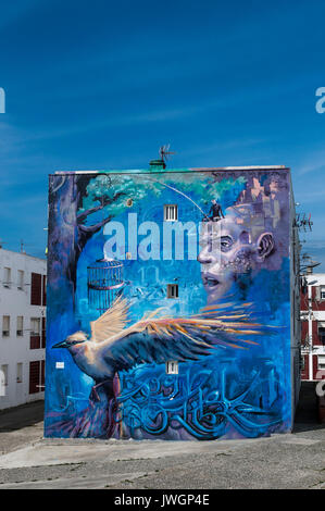 Murales auf die Paläste der neuen Stadt Tarifa, alten Stadt als griechische und römische Kolonie auf der südlichsten Küste von Spanien gegründet. Stockfoto