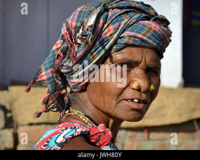 Ältere indische Adivasi-Frau mit zwei goldenen Nasenstollen stellt sich für die Kamera. Stockfoto