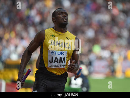 London, Großbritannien. 12 Aug, 2017. Usain Bolt bei der 4 mal 100 Meter Relais Wärme in London 2017 IAAF Weltmeisterschaften in der Leichtathletik. Credit: Ulrik Pedersen/Alamy leben Nachrichten Stockfoto