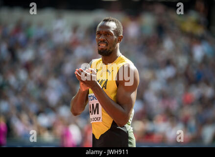London, Großbritannien. 12 Aug, 2017. Usain Bolt aus Jamaika vor seinem 4x100 Meter Hitze während der IAAF Leichtathletik WM 2017 am Tag 9 bei den Olympischen Park, London, England am 12. August 2017. Foto von Andy Rowland/PRiME Media Bilder. Credit: Andrew Rowland/Alamy leben Nachrichten Stockfoto