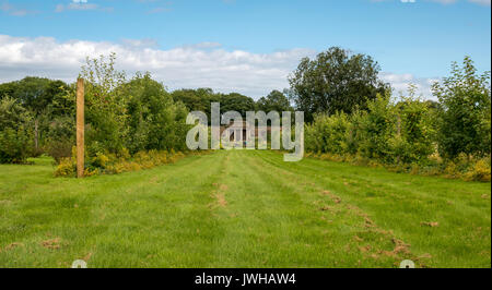 Haddington, East Lothian, Schottland, Vereinigtes Königreich, 12. August 2017. Blick auf Gras diagonal nach einer Ecke Mausoleum, 18. Jahrhundert Amisfield ummauerten Garten am Tag der Offenen Tür. Amisfield ist eine Gemeinschaft Garten durch die Amisfield Preservation Trust und Freiwilligen verwaltet. Er hat sich von einem vernachlässigten Zustand in eine blühende Gemeinschaft Anlage wiederhergestellt. Die Besucherzahlen steigen jedes Jahr. Garten Weg. Stockfoto