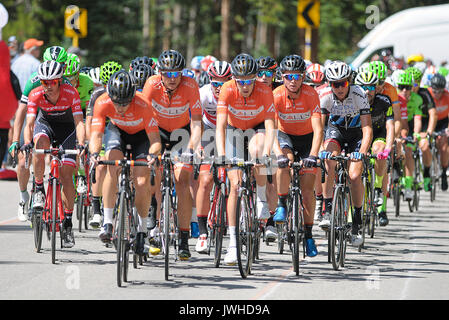 Breckenridge, Colorado, USA. 11 Aug, 2017. Team Rallye Radfahren steuert das Tempo als im Hauptfeld Gipfeln der schwierigen Mondstein klettern, die während der zweiten Phase des Eröffnungs-Colorado Classic Radrennen, Breckenridge, Colorado. Credit: Cal Sport Media/Alamy leben Nachrichten Stockfoto