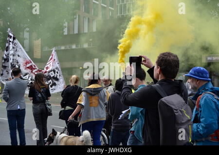 East London, UK. 12 Aug, 2017. Dutzende von Menschen protestieren in London gegen den Abriss von Rat fincas East London, UK Credit: Ajit Wick/Alamy leben Nachrichten Stockfoto