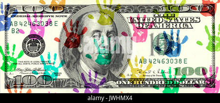 Nahaufnahme, geschossen von Dollar Bill und Handdrucke Stockfoto