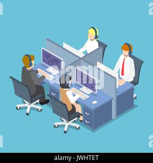 Wohnung 3 d Isometrische Geschäftsleute arbeiten mit Headset in einem Call Center und Service. Kundendienst und technischer Support Konzept. Stock Vektor