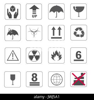 Fragile Symbol und Symbol der Verpackung Icons Set Vector Stockfoto
