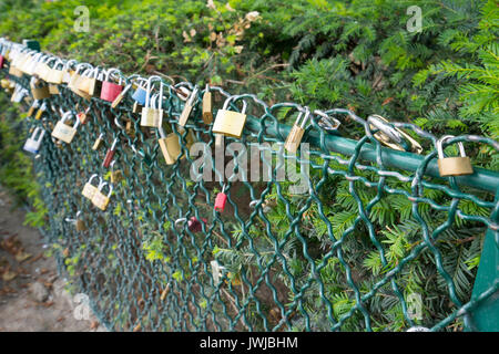 Vorhängeschlösser von Liebhabern auf der Brücke der Kunst in Paris links Stockfoto