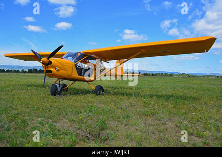 Light Sport gelb Flugzeug steht auf Gras vor blauem Himmel Stockfoto