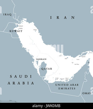 Golfregion Ländern politische Karte mit englischer Beschriftung. Körper von Wasser und Erweiterung der Indischen Ozean durch die Straße von Hormuz. Abbildung. Stockfoto