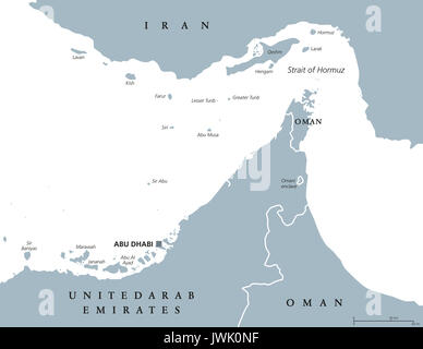 Straße von Hormuz Region politische Karte. Englischer Beschriftung. Meerenge zwischen dem Persischen Golf und dem Golf von Oman. Abbildung. Stockfoto