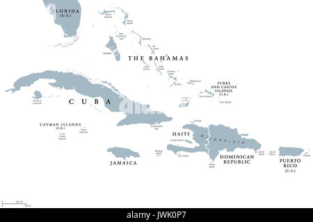 Großen Antillen politische Karte mit englischer Beschriftung. Die Gruppierung der größeren Inseln im Karibischen Meer mit Kuba, Hispaniola, Puerto Rico, Jamaika. Stockfoto