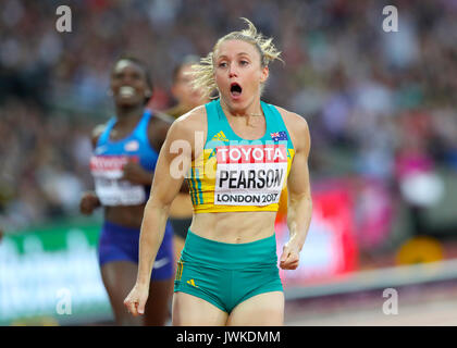 Australiens Sally Pearson reagiert nach dem Gewinn der Frauen 100m Hürden Finale bei Tag neun der Leichtathletik-WM 2017 auf der Londoner Stadion. Stockfoto