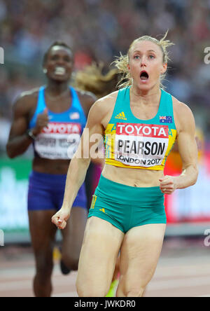 Australiens Sally Pearson reagiert, nachdem er 100 m Hürden Finale der Frauen während der Tag neun der Leichtathletik-WM 2017 auf der Londoner Stadion. Stockfoto