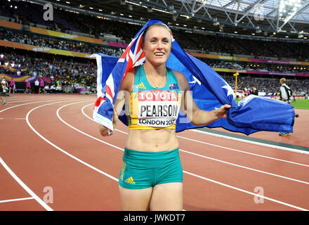 Australiens Sally Pearson feiert gewinnen 100 m Hürden Finale der Frauen während der Tag neun der Leichtathletik-WM 2017 auf der Londoner Stadion. Bild Datum: Samstag, August 12, 2017. Siehe PA Geschichte leichtathletik Welt. Foto: Martin Rickett/PA-Kabel. Einschränkungen: Nur für den redaktionellen Gebrauch bestimmt. Keine Übertragung von Ton oder bewegte Bilder und kein Video Simulation. Stockfoto